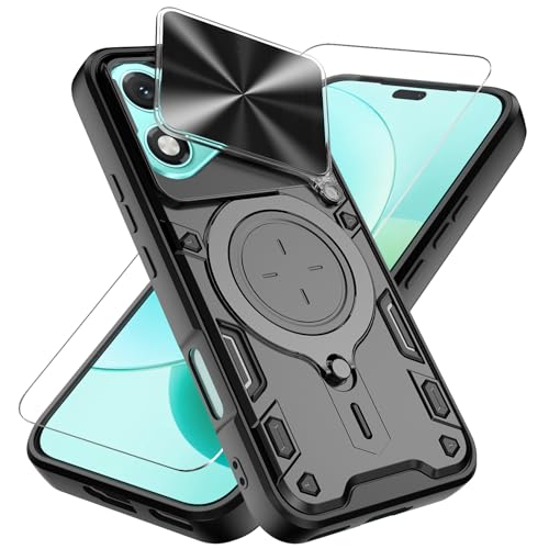 KJYLPO Handyhülle für Honor 400 Lite Hülle mit 1 Stück Schutzfolie Kameraschutz Slide Camera Hybrid Stoßfest Schutzhülle 360°Metall Ring Ständer Case Militär Handy Cover (Schwarz) von KJYLPO