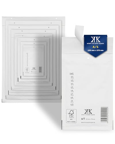 KK Verpackungen Luftpolster-Versandtaschen | 1200 Stück, A1 A/1 Luftpolsterumschläge 120 x 175 mm Weiß | Luftpolstertaschen selbstklebend für DIN A6+ von KK Verpackungen