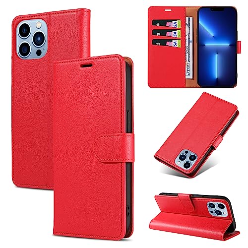 KKEIKO Handyhülle für iPhone 13 Pro Max Hülle, Magnet Klappbar Handyhülle mit Kartenfach, PU Leder Stoßfest Schutzhülle für iPhone 13 Pro Max, Rot von KKEIKO