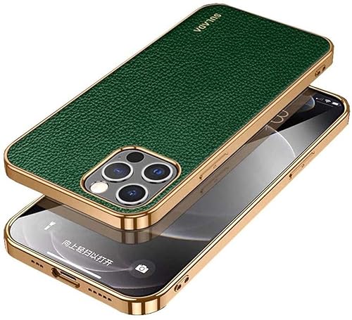 KKFAUS Lychee Pattern Back Phone Cover, for Apple iPhone 13 Pro (2021) 6.1 Inch Leather Gold Frame Shockproof Case [Screen & Camera Protection] (Color : Green) von KKFAUS