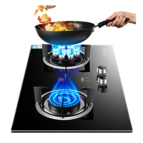 Tragbarer Gasherd Mit 2 Brennern, 4,5/5,2 KW, 9-Hohlraum-Hochfeuer, Doppelseitige Unabhängige Zeitsteuerung, Schwarzes Hartglas Mit Flammendurchschlagschutz(LPG) von KKJPL