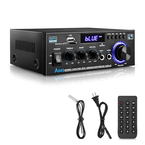 Hifi Verstärker - KKMOL Stereo Verstärker, AK45 Mini Bluetooth Radio Audio Verstärker Receiver, Wiimp Amp,12V/ 220V 400W 2 Kanäle Digitale Endverstärker Soundverstärker mit USB, SD Card, Fernbedienung von KKMOL