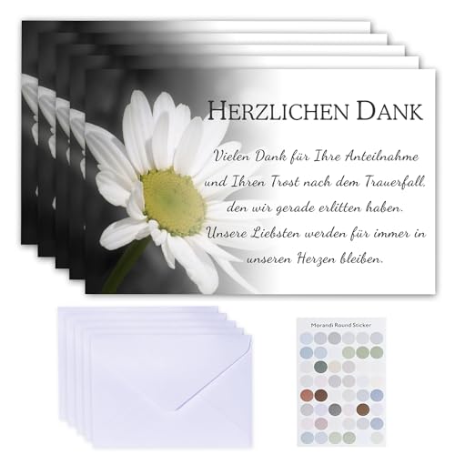 KKSJK 20 Stück Danksagung Trauerkarten mit 20 Weiß Umschlag und 48 Macaron Siegel Aufkleber, Weiß Chrysantheme mit Wort Trauer Danksagungskarten(9 x 14cm) von KKSJK