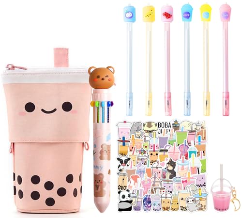 Kinder Federmäppchen Set, 1 Bubble Tea Perlen 2 in 1 Mäppchen/Stiftehalter, 1 Bunte Kugelschreiber, 1 Rosa Schlüsselbund, 6 Gelschreiber, 50 Bubble Tea Stickers, Geschenke für Mädchen von KKSJK