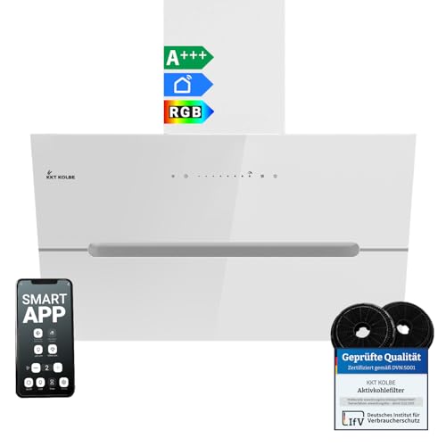 KKT KOLBE Dunstabzugshaube 80 cm | 782 cbm/h Umluft Abluft | Kopffrei | Wandhaube | Weiß Glas | Smart WiFi App WLAN | RGBW-LED-Beleuchtung | ECCO8005WM von KKT KOLBE