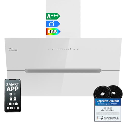 KKT KOLBE Dunstabzugshaube 90 cm | 782 cbm/h Umluft Abluft | Kopffrei | Wandhaube | Weiß Glas | Smart WiFi App WLAN | RGBW-LED-Beleuchtung | ECCO9005WM von KKT KOLBE