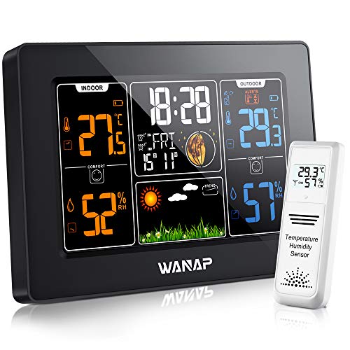 KLADNDER Wetteruhr, Funkwetterstation, Thermometer Und Hygrometer, Wetterstation Funk Mit AußEnsensor, Digital Farbdisplay Dcf Funkuhr, Innen Und AußEn Temperatur, HäNgen, Schwarz von KLADNDER