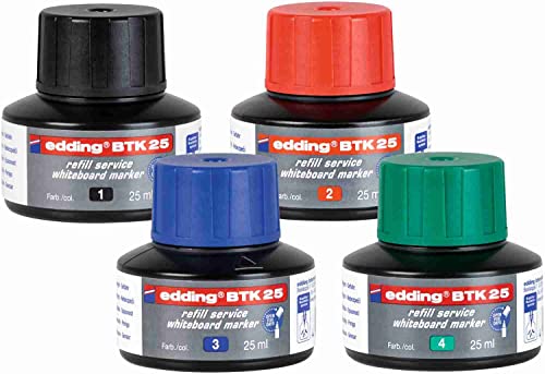 Nachfülltinte Ink Whiteboardmarker schwarz, rot, blau, grün 4x BTK edding 25ml im Set mit Kapillarsystem ideal für das saubere und unkomplizierte Nachfüllen von KLAMOTTEN STORE