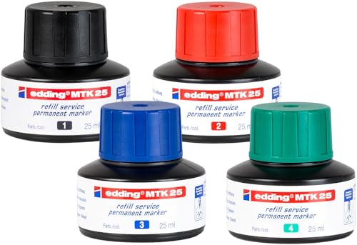 Nachfüllfarbe Permanetmarker schwarz, rot, blau, grün 4x MTK edding 25ml im Set mit Kapillarsystem ideal für das saubere und unkomplizierte Nachfüllen - nicht abwischbar von KLAMOTTEN STORE