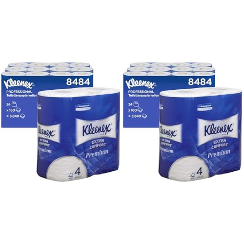 Kleenex Premium Toilettenpapier Rolle 8484, WC-Papier 24 Rollen x 160 wattierte Blätter, Klopapier 4-lagig, 100% reine Faser, hochwertig, reißfest und weich (Packung mit 2) von KLEENEX