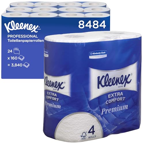 Kleenex Premium Toilettenpapier Rolle 8484, 4-lagiges Toilettenpapier, WC-Papier mit wattierten Blätter aus 100% reinen Fasern, FSC-zertifiziertes Papier, 24 Rollen x 160 (insg. 3.840 Blätter) Kleenex Premium Toilettenpapier Rolle 8484, 4-lagiges Toilettenpapier, WC-Papier mit wattierten Blätter aus 100% reinen Fasern, FSC-zertifiziertes Papier, 24 Rollen x 160 (insg. 3.840 Blätter) von KLEENEX