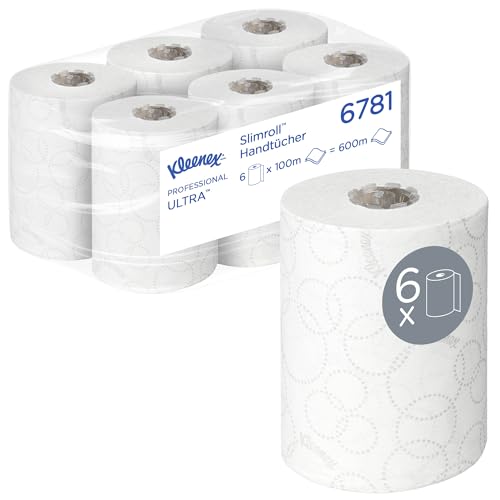 Kleenex Ultra Slimroll Rollenpapiertücher 6781 – 2-lagige Rollenhandtücher – 6 x 100 m weiße Rollenpapiertücher , saugfähig und reißfest von KLEENEX