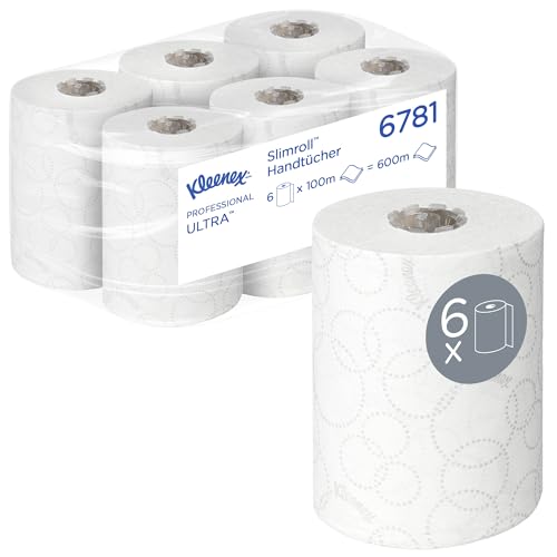 Kleenex Ultra Slimroll Rollenpapiertücher 6781, 2-lagige Rollenhandtücher, EU-Ecolabel zerfiziert, weiße Rollenpapiertücher mit Airflex Technologie für ein effektives Händetrocknen, 6 x 100 m von KLEENEX