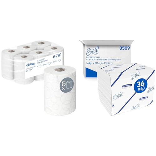 Kleenex Ultra Slimroll Rollenpapiertücher 6781 – 2-lagige Rollenhandtücher & Scott Control Einzelblatt-Toilettenpapier 8509 – 2-lagiges Toilettenpapier – 36 Packungen x 220 Blatt (insges. 7.920) von KLEENEX