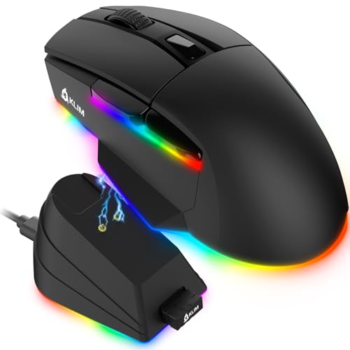 KLIM Blaze X RGB + NEU 2024 + Wiederaufladbare kabellose Gaming-Maus mit Ladestation + Langlebiger Akku + Bis zu 12000 DPI + Kabelgebundene & kabellose Maus PC, PS5, PS4, Mac + Schwarz von KLIM