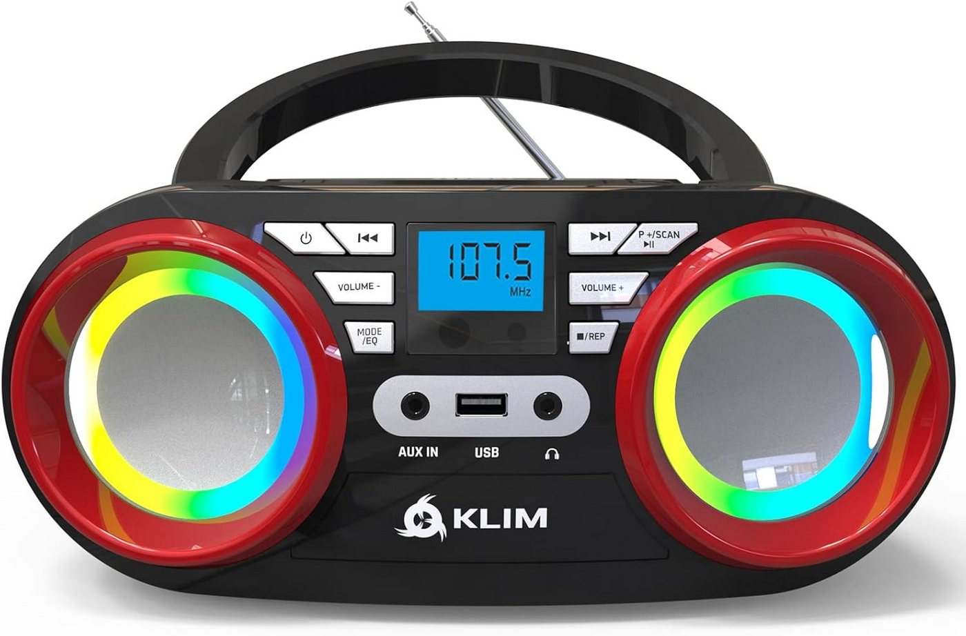 KLIM Boombox B3 Stereo-CD Player (Tragbarer CD Player, FM Radio, MP3, kabelloser Betrieb mit wiederaufladbaren Akku, Digitaler EQ) von KLIM