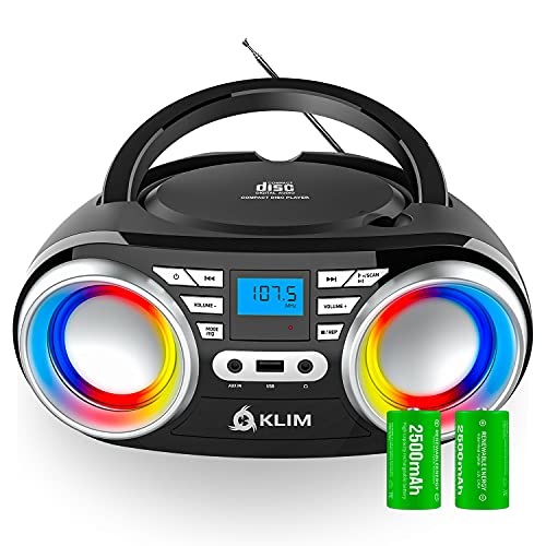 KLIM Boombox B3 Tragbarer CD Player + FM Radio, CD, MP3, Bluetooth, AUX, USB, RGB LED + kabel- & kabelloser Betrieb mit wiederaufladbaren Akku + Verbesserte CD-Laserlinse + Digitaler EQ + 2024 Version von KLIM