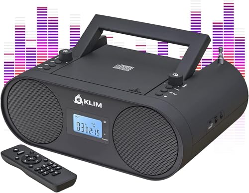 KLIM Boombox B4 Radio mit CD Player + 2024 Release + AM/FM Radio, MP3, Bluetooth, AUX, USB tragbar mit kabellosem Modus und aufladbaren Akku + Mit Fernbedienung, Autosleep, Digital EQ von KLIM