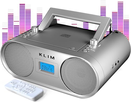 KLIM Boombox B4 Radio mit CD Player + AM/FM Radio, MP3, Bluetooth, AUX, USB + NEU 2024 + CD Player tragbar mit kabellosem Modus und aufladbaren Akku + Mit Fernbedienung, Autosleep, Digital EQ - Silber von KLIM