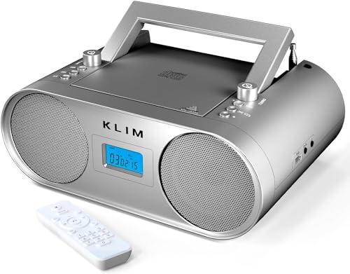 KLIM Boombox B4 Radio mit CD Player + AM/FM Radio, MP3, Bluetooth, AUX, USB + NEU 2024 + CD Player tragbar mit kabellosem Modus und aufladbaren Akku + Mit Fernbedienung, Autosleep, Digital EQ - Silber von KLIM