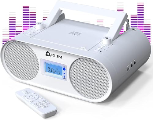 KLIM Boombox B4 Radio mit CD Player + AM/FM Radio, MP3, Bluetooth, AUX, USB + NEU 2024 + CD Player tragbar mit kabellosem Modus und aufladbaren Akku + Mit Fernbedienung, Autosleep, Digital EQ - Weiß von KLIM