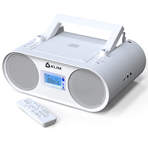 KLIM Boombox B4 Radio mit CD Player + AM/FM Radio, MP3, Bluetooth, AUX, USB + NEU 2024 + CD Player tragbar mit kabellosem Modus und aufladbaren Akku + Mit Fernbedienung, Autosleep, Digital EQ - Weiß von KLIM