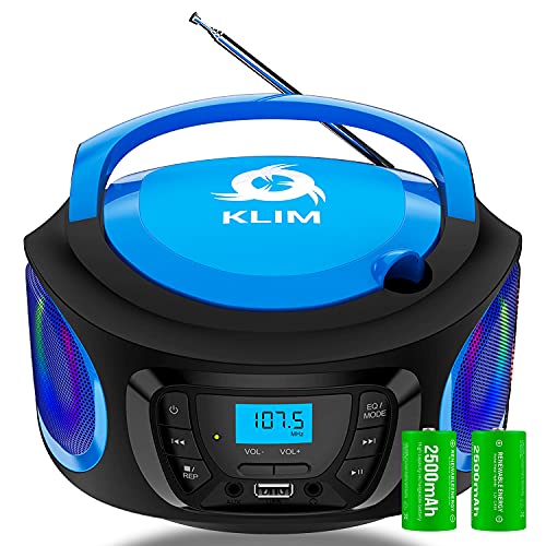 KLIM Boombox Radio mit CD Player - NEU 2024 - FM-Radio, CD Player, Bluetooth, MP3, USB, AUX - Inklusive wiederaufladbaren Akkus - Kabelgebundene und kabellose Modi - Kompakt und robust (Blau) von KLIM