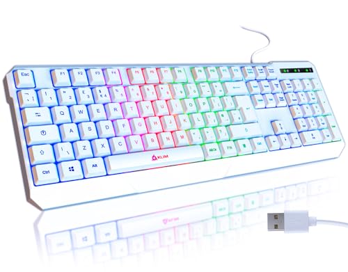 KLIM Chroma Gaming Tastatur - UK Layout - mit Kabel USB - NEU 2024 - Langlebig Ergonomisch Wasserdicht Beleuchtet LED Leise Tasten - RGB Gaming Keyboard für PC Mac Xbox One PS5 PS4 - Weiß von KLIM