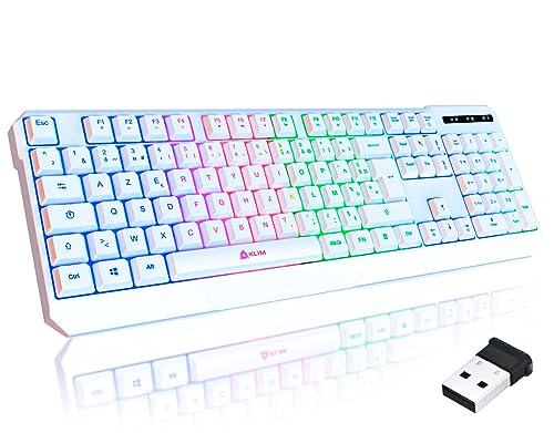 KLIM Chroma Kabellose Gamer-Tastatur AZERTY - Neuheit 2024 - Dünn, Langlebig, Ergonomisch, Diskret, Wasserdicht, Leise - Gamer Tastatur mit Hintergrundbeleuchtung für PC Mac - PS4 PS5 Tastatur - Weiß von KLIM