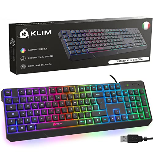 KLIM Chroma Italian USB Gaming Keyboard Videogame Farben und Hintergrundbeleuchtung - Gaming Keyboard - Tastatur für Videospiele, PC PS4 PS5 Windows, Mac - Schwarz von KLIM