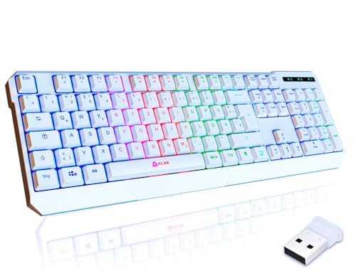 KLIM Chroma Wireless Gaming Tastatur Kabellos QWERTZ DEUTSCH - NEU 2024 - Langlebig, Ergonomisch, Wasserdicht, Leise - RGB Kabellose Tastatur Gaming für PC PS4 PS5 Mac - Weiß von KLIM