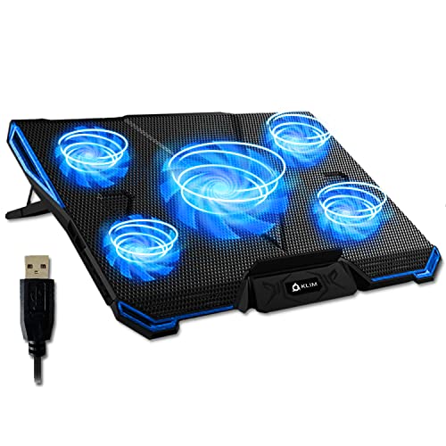 KLIM Cyclone - Laptop Kühler - NEU 2024 - Ständer - Maximale Kühlung - Verhindere Ãœberhitzung - Schütze Dein Laptop - 5 Lüfter 2200 & 1200 RPM - Cooling Pad für Computer PS5 PS4 Xbox One - Blau von KLIM