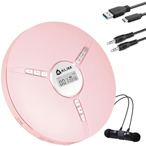 KLIM Discman - Tragbarer CD Player mit eingebautem Akku - NEU - inklusive KLIM Fusion Kopfhörer Kompakter Mini Portable CD Player, kompatibel mit CD-R, CD-RW und MP3 - Discman CD Player - Rosa von KLIM