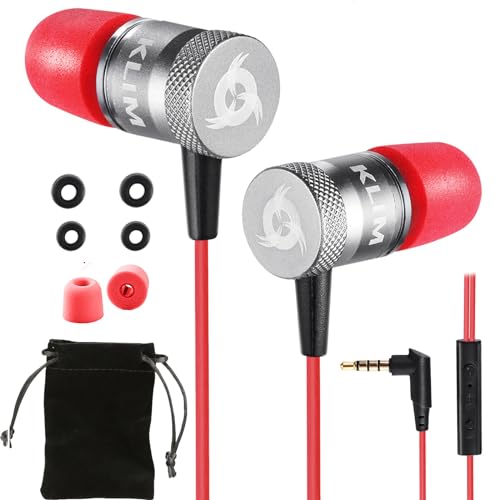 KLIM Fusion Kopfhörer in Ears mit Mikrofon - Langlebig - Innovativ: In-Ear Kopfhörer mit Memory Foam - Neue 2024 Version - 3.5 mm Jack - Sport Gaming In Ear Kopfhörer - Rot von KLIM