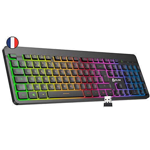 KLIM Light V2 Tastatur Kabellos AZERTY + flach, ergonomisch, dezent, wasserresistent, leise + Beleuchtete Gaming Tastatur für PC Mac PS4 Xbox 1 + Integrierter Akku mit Langer Lebensdauer von KLIM