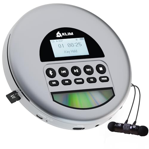 KLIM Nomad - NEU 2024 - Tragbarer CD-Player Discman mit langlebigem Akku - Inklusive KLIM Fusion Kopfhörer - Kompatibel mit CD-R CD-RW MP3 - Mit TF-Reader, Radio FM, Bluetooth - Ideal für Autos - Grau von KLIM