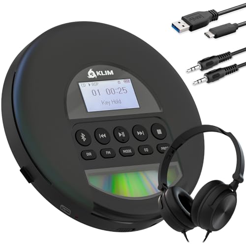 KLIM Nomad CD Player Bluetooth - Tragbarer CD-Player Discman mit langlebigem Akku - Inklusive Kopfhörer - CD-R, CD-RW, MP3 - Mit TF-Reader, Radio FM - Ideal für Autos - Portable CD Player Diskman von KLIM