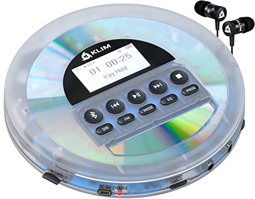KLIM Nomad Tragbarer CD-Player Discman mit langlebigem Akku - mit KLIM Fusion Kopfhörer - TF-Reader, Radio FM, Bluetooth - Transparent Weiß (Generalüberholt) von KLIM