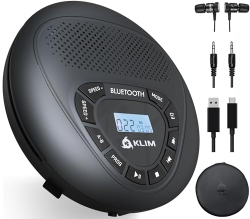 KLIM Speaker + CD Player mit Lautsprecher + Bluetooth + Wiederaufladbarer Akku + Tragbarer CD-Spieler mit Kopfhörern + SD-Karte + AUX + Idealer Auto-CD-Spieler + CD Player tragbar mit Lautsprecher von KLIM