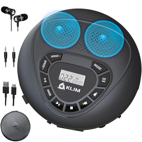 KLIM Speaker + CD Player mit Lautsprecher + Bluetooth + Wiederaufladbarer Akku + Tragbarer CD-Spieler mit Kopfhörern + SD-Karte + AUX + Idealer Auto-CD-Spieler + CD Player tragbar mit Lautsprecher von KLIM