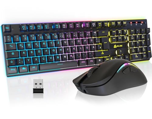 KLIM Thunder Wireless Gaming Keyboard und Maus Combo - New 2023 - Wireless Backlit Tastatur mit langlebigem integriertem Akku + 4800 DPI RGB Kabellose Gaming Mouse für PC von KLIM