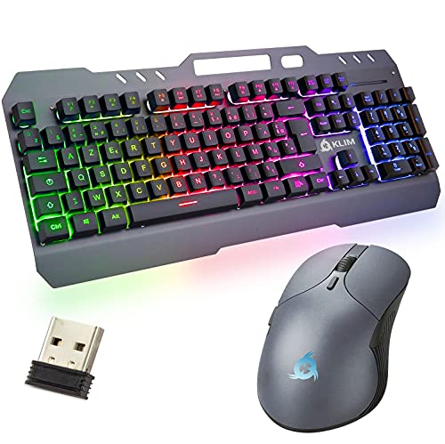 KLIM Unity – FR Layout – Kabelloses AZERTY-Tastatur- und Maus-Set NEU + langlebig, ergonomisch + hintergrundbeleuchtete kabellose Gaming-Tastatur mit mechanischem Gefühl + Maus für PC Mac PS4 PS5 von KLIM