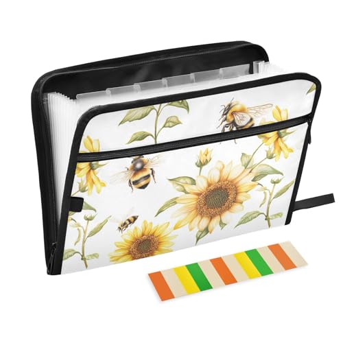 KLL Akkordeon-Aktenordner, Akkordeon-Aktenordner, Briefgröße, Akkordeon, tragbarer Aktenordner mit Taschen für Büro, Cartoon, niedliche Bienen, Sonnenblumen, Weiß KLL Akkordeon-Aktenordner, Akkordeon-Aktenordner, Briefgröße, Akkordeon, tragbarer Aktenordner mit Taschen für Büro, Cartoon, niedliche Bienen, Sonnenblumen, Weiß von KLL