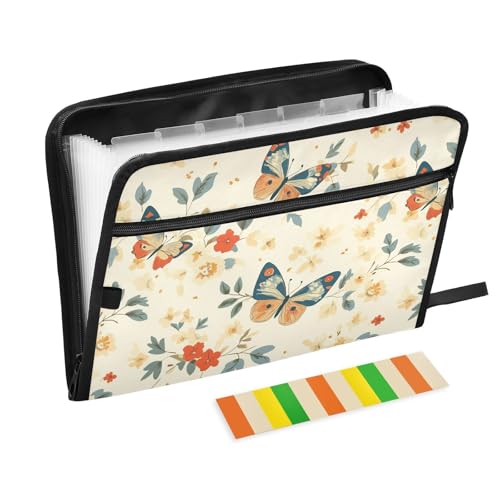KLL Akkordeon-Aktenordner mit Taschen, Organizer, Fächermappe mit Reißverschluss, für Klassenzimmer, Cartoon, niedlicher Schmetterling, Beige KLL Akkordeon-Aktenordner mit Taschen, Organizer, Fächermappe mit Reißverschluss, für Klassenzimmer, Cartoon, niedlicher Schmetterling, Beige von KLL