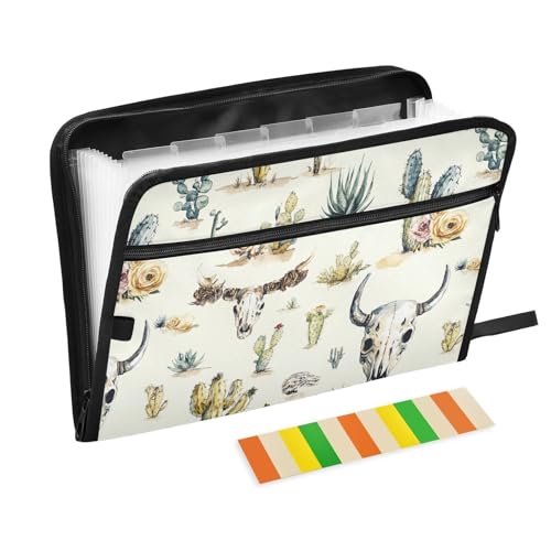 KLL Hängeregistraturmappe Taschenordner Organizer Taschenordner Briefpapier Aktenordner mit Taschen für Büro, Western Boho Kaktus Schädel Große Wildnis von KLL