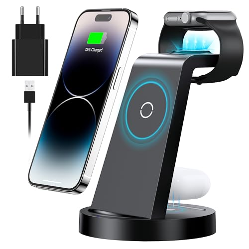 3 in 1 iPhone Ladestation Kabelloses Ladegerät für Apple - Schnelles Wireless Charger für iPhone 15 14 13 12 11 Pro SE X XS XR 8 & Apple Watch 9 8 7 6 SE 5 4 3 2 Air Pods Pro mit 18W Fast Adapter von KLiHD