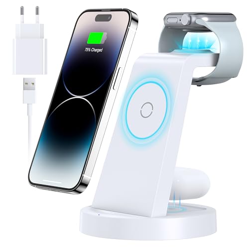 3 in 1 iPhone Ladestation Kabelloses Ladegerät für Apple - Schnelles Wireless Charger für iPhone 15 14 13 12 11 Pro SE X XS XR 8 & Apple Watch 9 8 7 6 SE 5 4 3 2 Air Pods mit 18W Fast Adapter(Weiß) von KLiHD