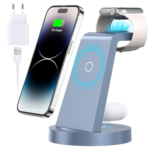3 in 1 iPhone Ladestation Kabelloses Ladegerät für Apple - Wireless Charger für iPhone 16 15 14 13 12 11 Pro SE X XS XR 8 & Apple Watch 9 8 7 6 SE 5 4 3 2 Air Pods Pro mit 18W Fast Adapter(Blau) von KLiHD