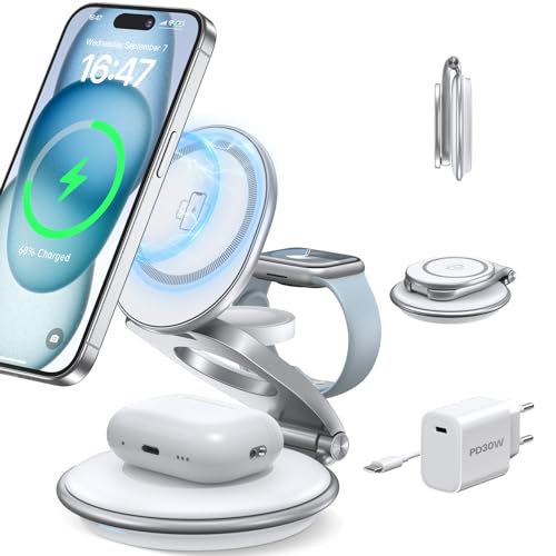 Mag-Safe Ladestation Für Apple Watch und iPhone: 3 in 1 Faltbar Kabelloses Ladegerät mit 30W PD Adapter Kompatibel mit iPhone 15 14 13 12 Pro Max Plus, Travel Wireless Charger Für Air Pods von KLiHD