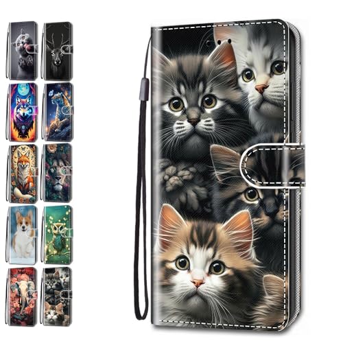 Leder Hülle für Honor X6a Tasche mit Kartenfach Tierdruck Muster Schutzhülle Handyhülle Flip Case Klapphülle Cover Mädchen Jungs - EIN Rudel Katzen von KM-Panda